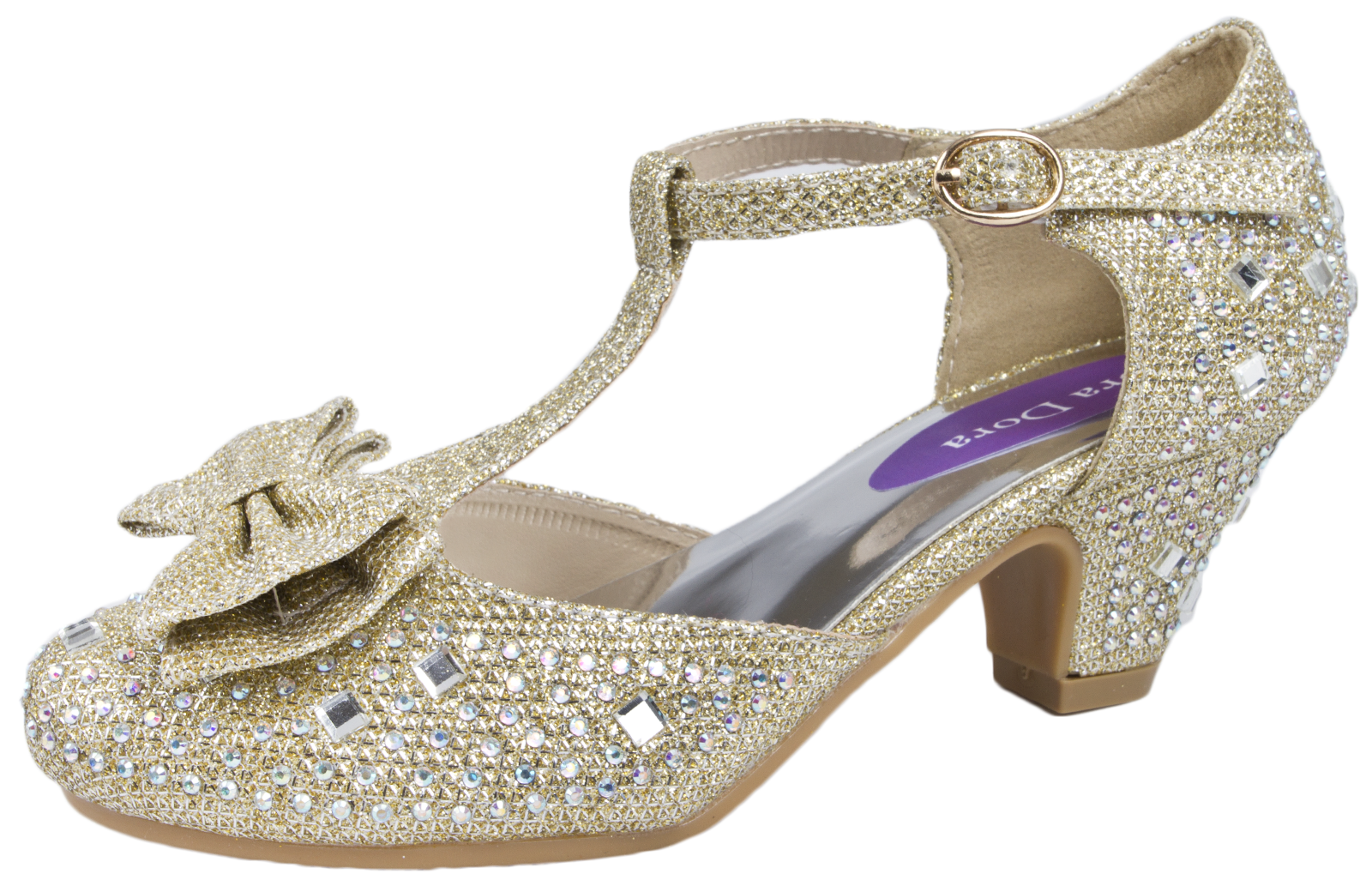 Girls Diamante High Heels Shoes Sequin Mary Janes Glitter Party Wedding